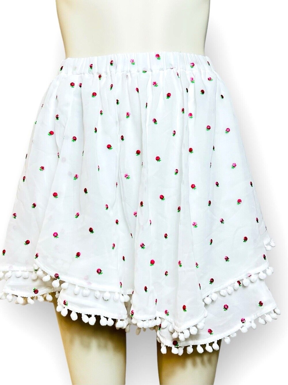 Majorelle Mini Skirt Women's Medium Brea White Ditsy Floral Pom Pom Layered $168